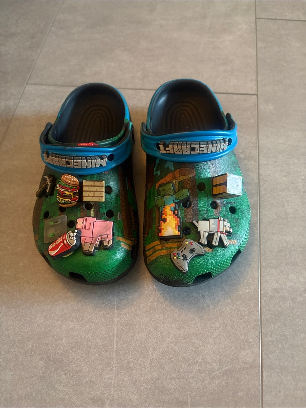 CROCS Kids Green and Blue Minecraft Charm Clogs